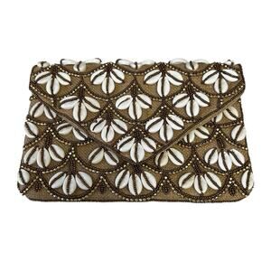 Pizzazz Tan White Jute & Shell Beaded Flap Clutch with Crossbody Chain AS IS
